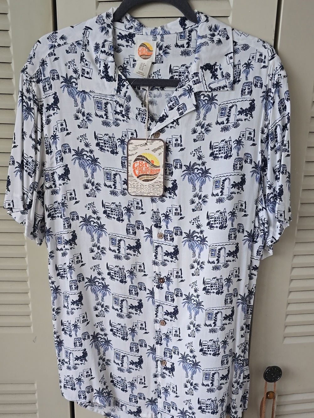 C&C California White Short-Sleeve Button Down with Navy Island Print